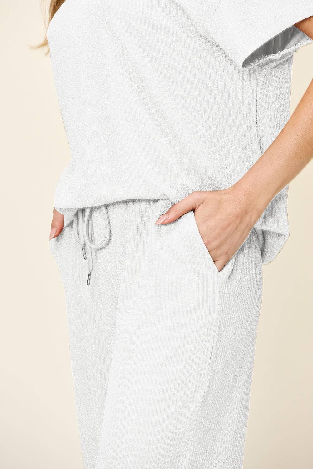 Double Take Full Size Texture Round Neck Short Sleeve T-Shirt and Wide Leg Pants - Clothes For Her Online Store