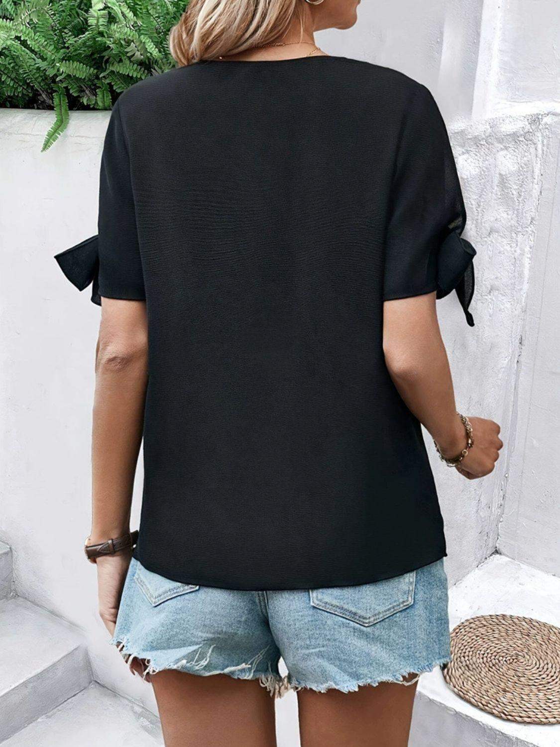 V-Neck Bow Short Sleeve Blouse - Clothes For Her Online Store