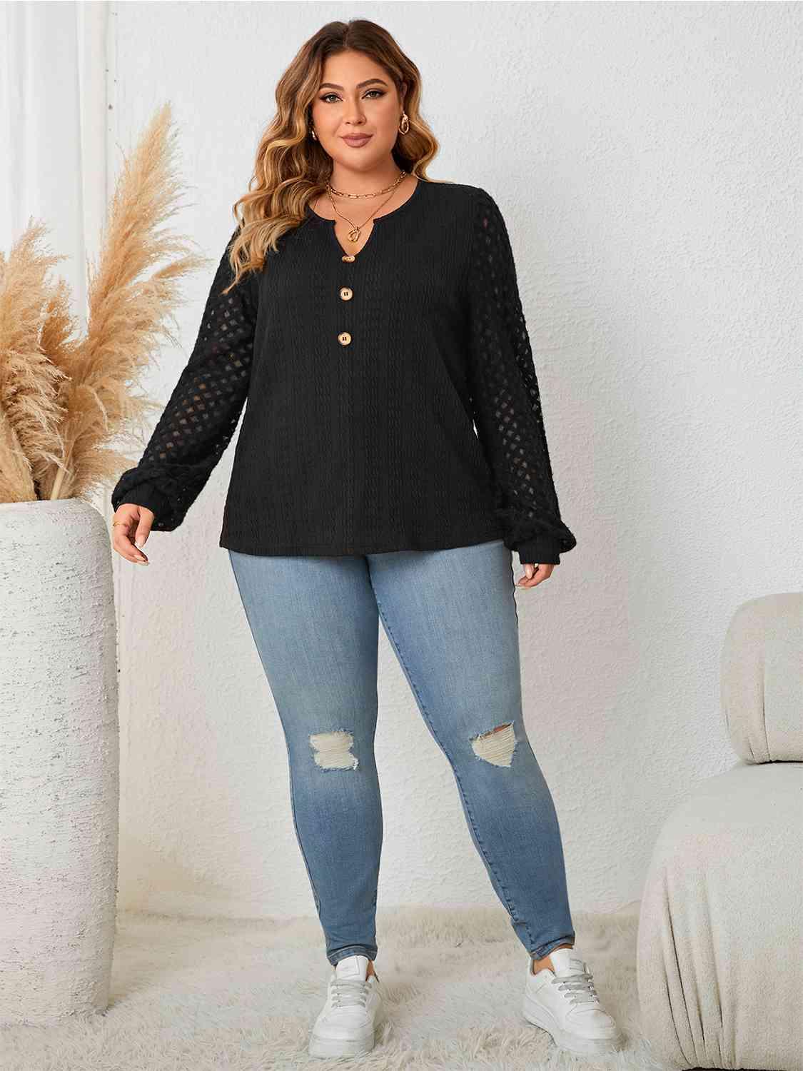 Honey Plus Size Openwork Notched Button Front Blouse - Clothes For Her Online Store
