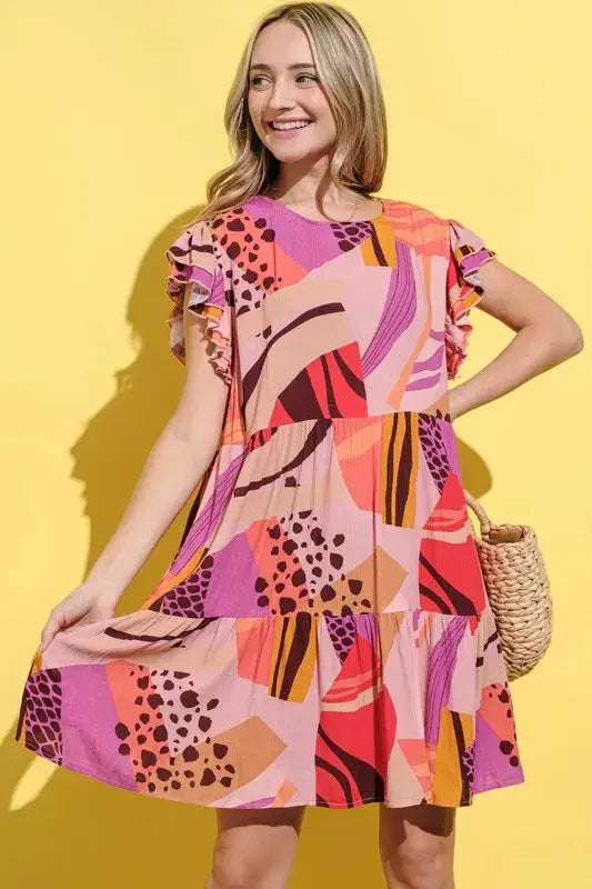 And The Why Printed Double Ruffles Sleeve Dress - Clothes For Her Online Store