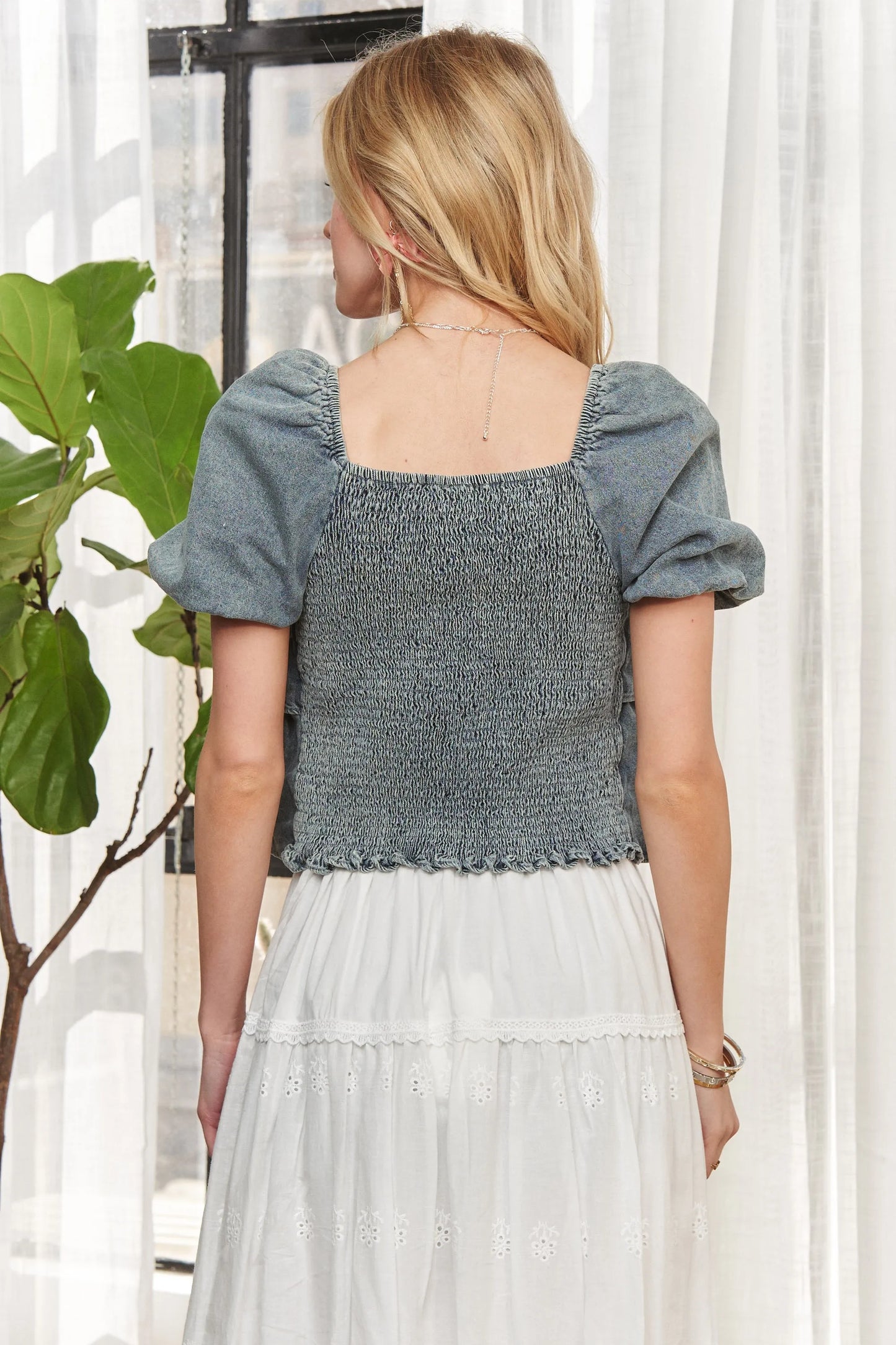 ADORA Washed Denim Layered Ruffle Blouse