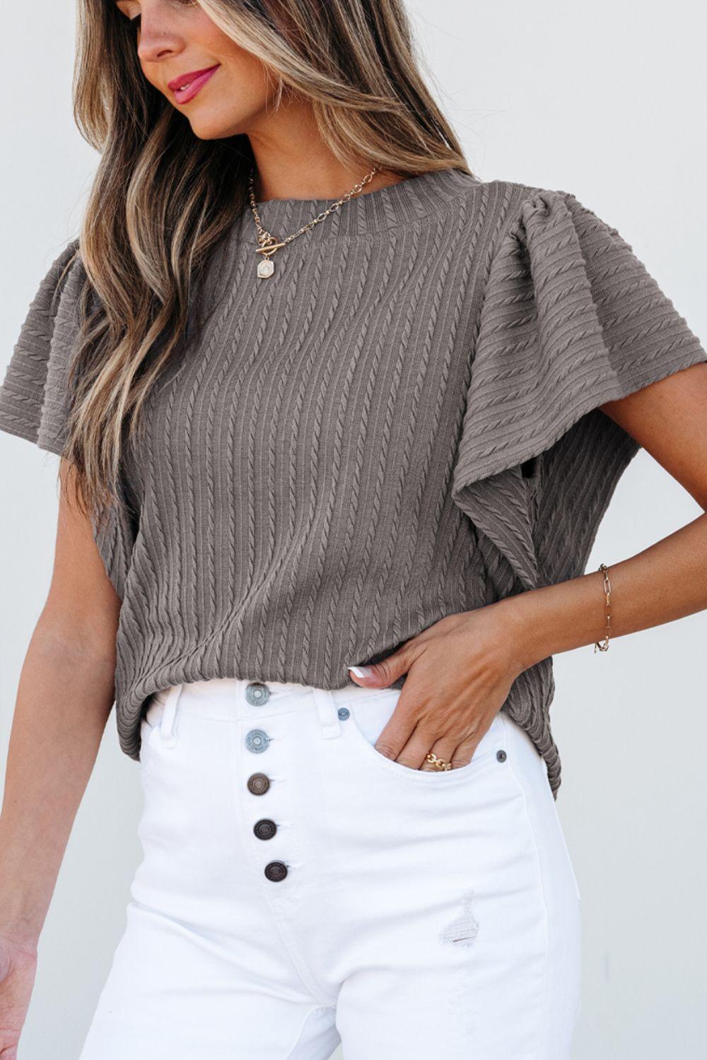 Textured Round Neck Flounce Sleeve Blouse - Clothes For Her Online Store