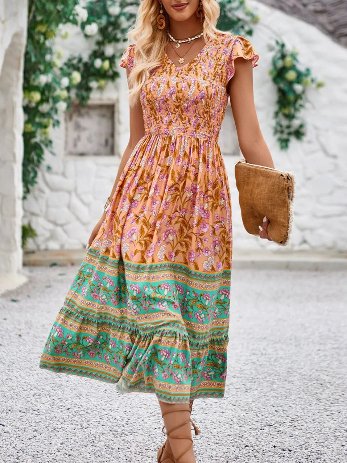 Printed Round Neck Cap Sleeve Dress