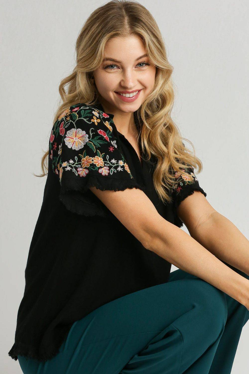 Umgee Full Size Linen Shirt with Embroidered Sleeves Plus Size - Clothes For Her Online Store