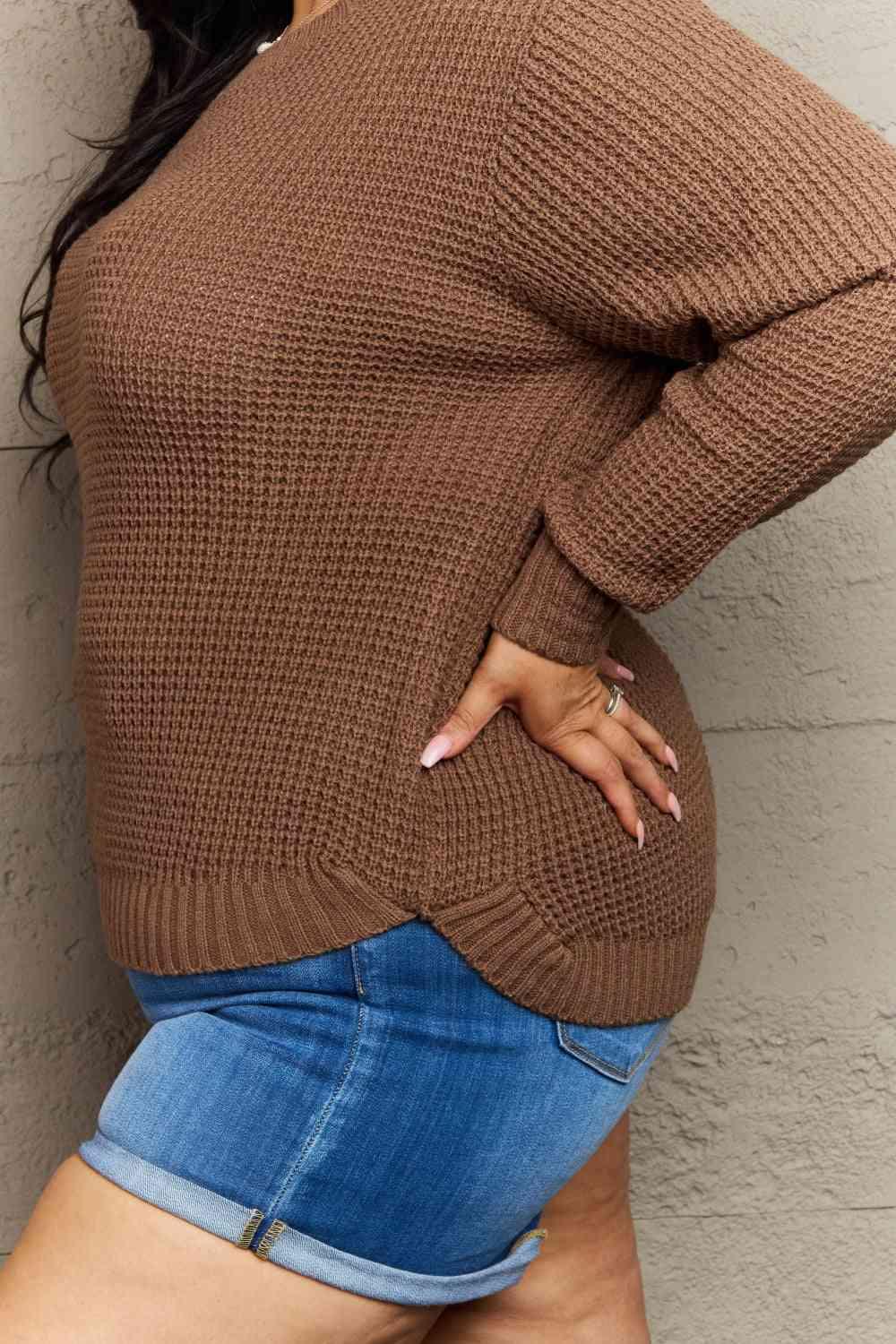 Zenana Breezy Days Plus Size High Low Waffle Knit Sweater - Clothes For Her Online Store