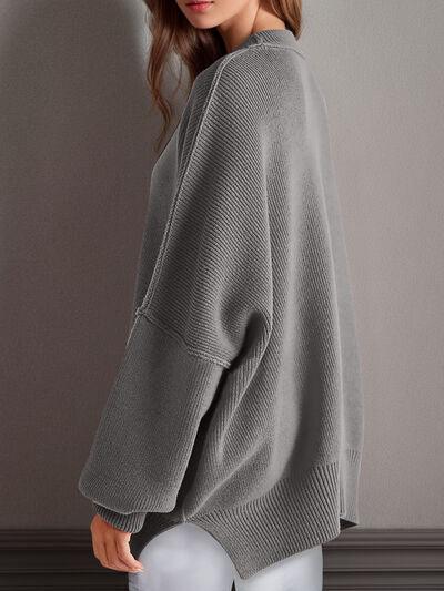 Double Take Side Slit Round Neck Long Sleeve Sweater - Clothes For Her Online Store