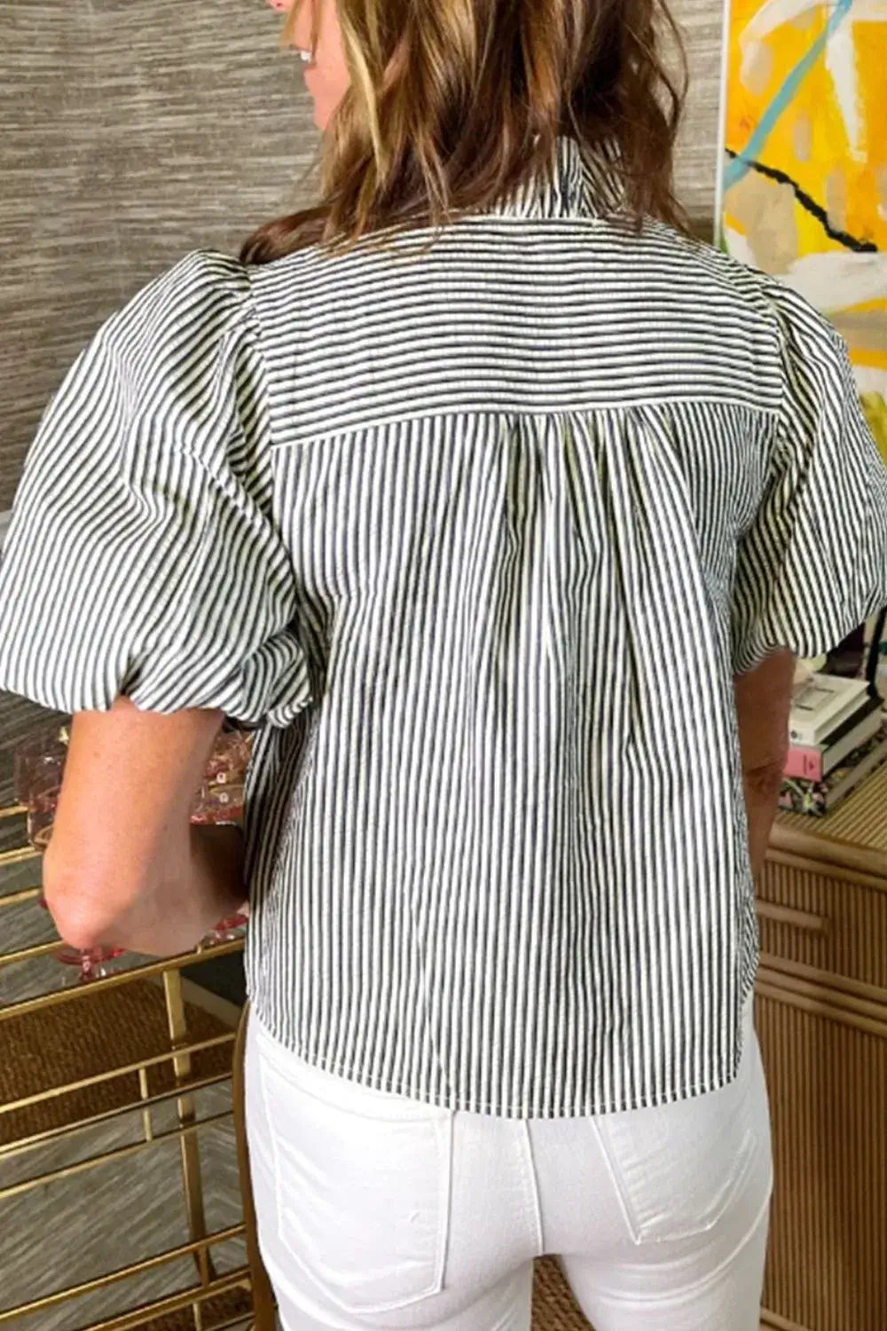 Striped Ruffle Short Bubble Sleeve Shirt