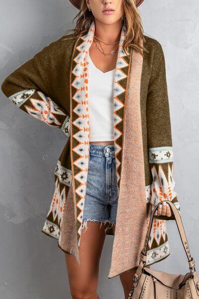 Geometric Open Front Long Sleeve Cardigan - Clothes For Her Online Store