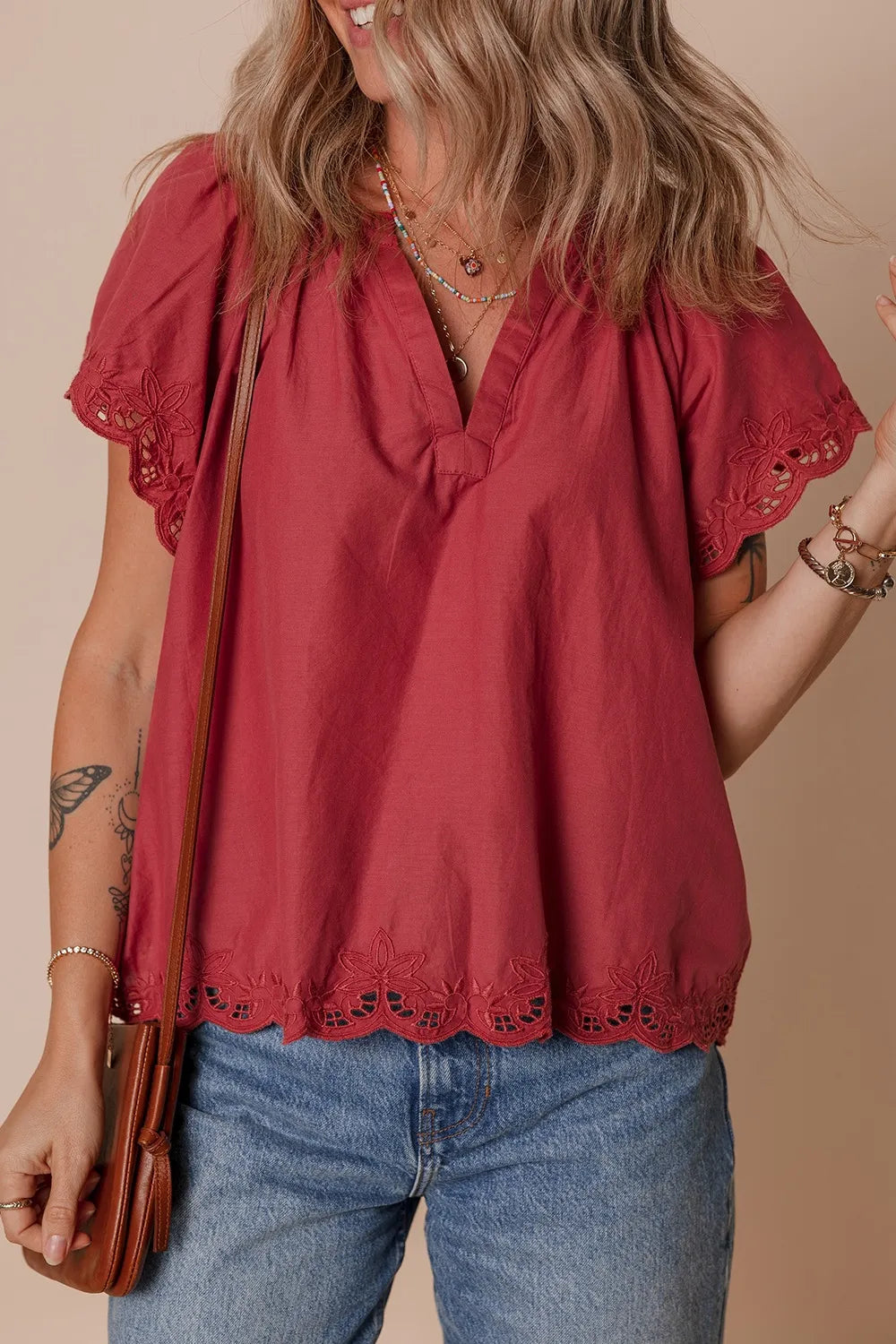 Floral Embroidered Scallop Trim Short Sleeve Notched Blouse