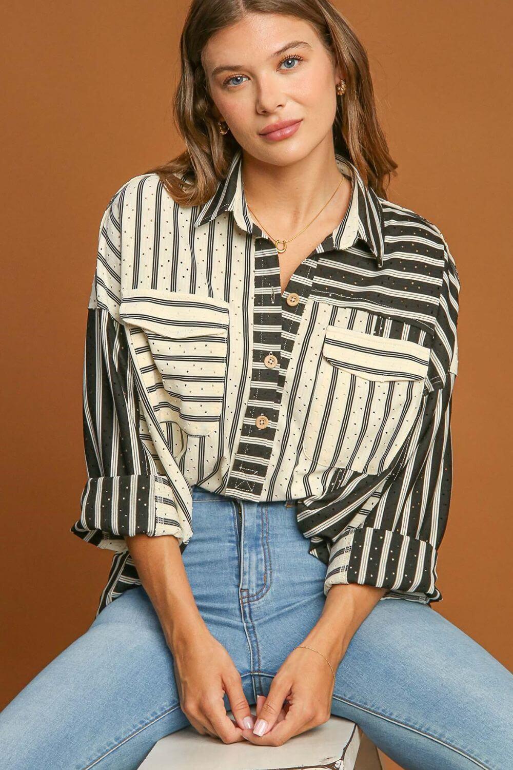 Umgee Full Size Pointelle Stripped Half Button Collared Neck Top Plus Size - Clothes For Her Online Store