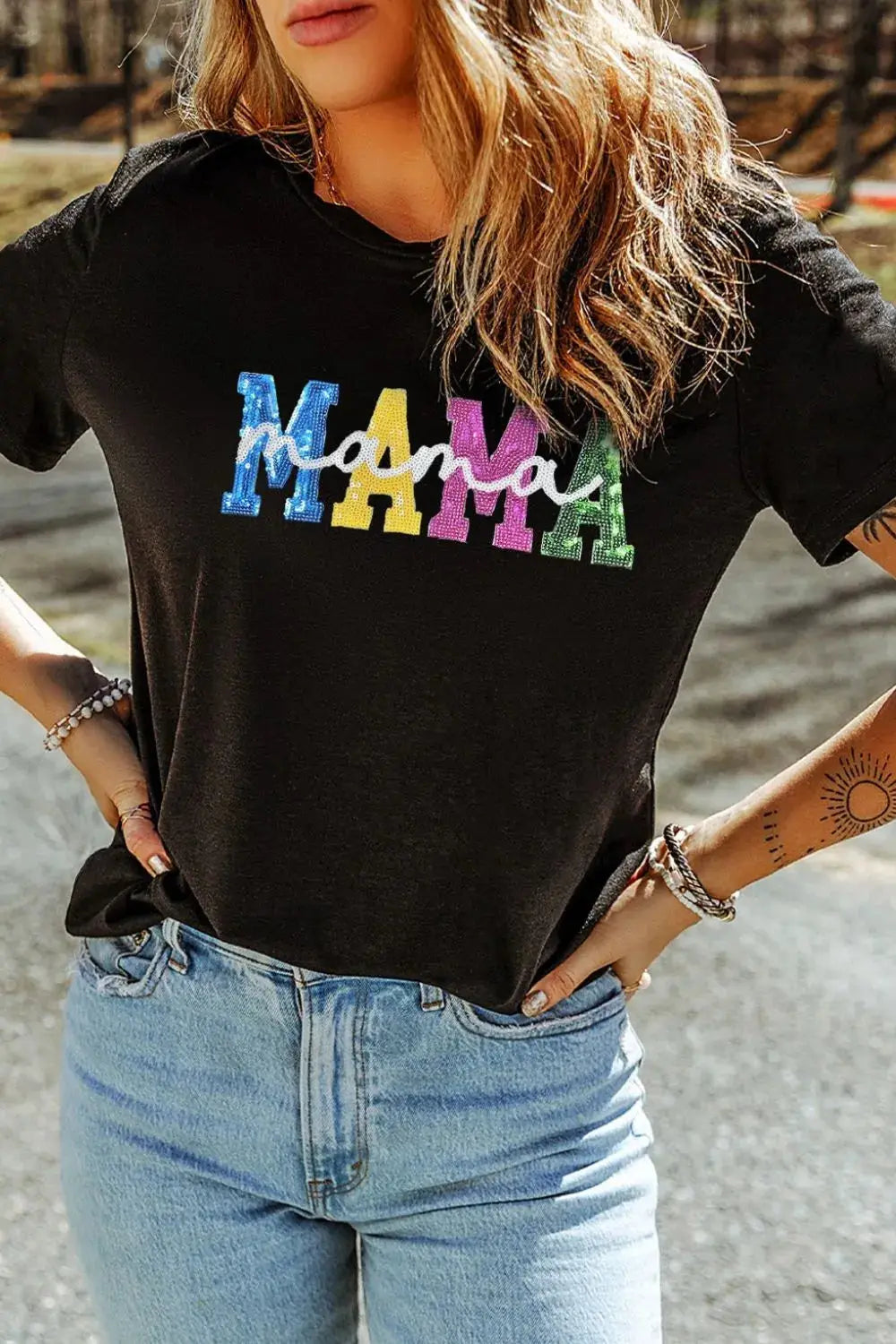 Sequin MAMA Round Neck Short Sleeve T-Shirt - Clothes For Her Online Store
