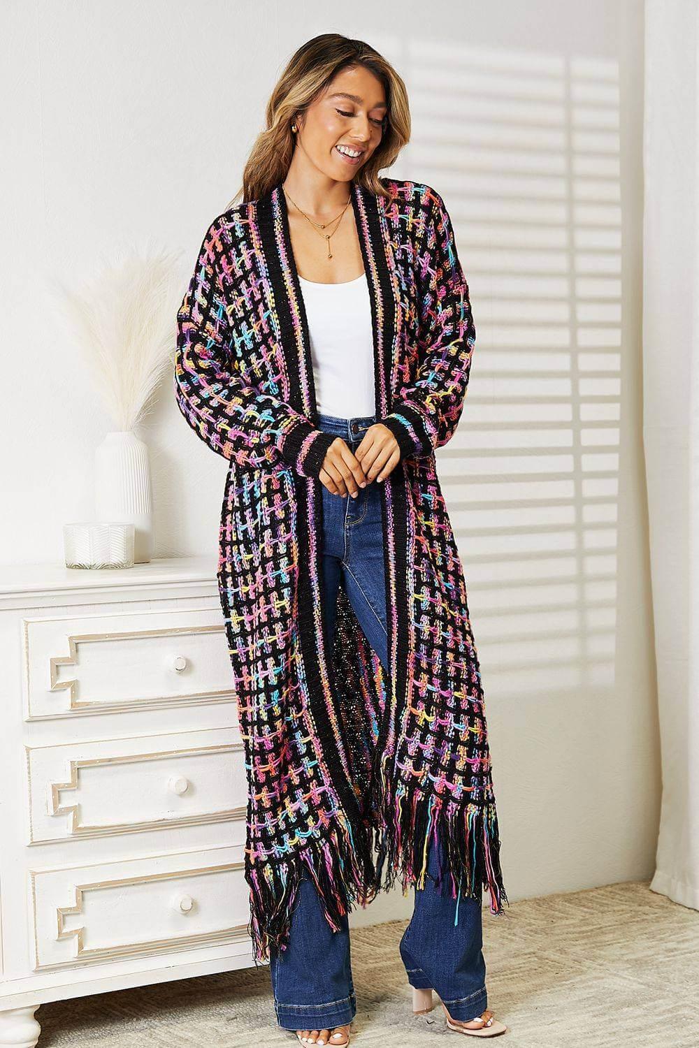 Angel Wings Full Size Multicolored Open Front Fringe Hem Cardigan - Clothes For Her Online Store