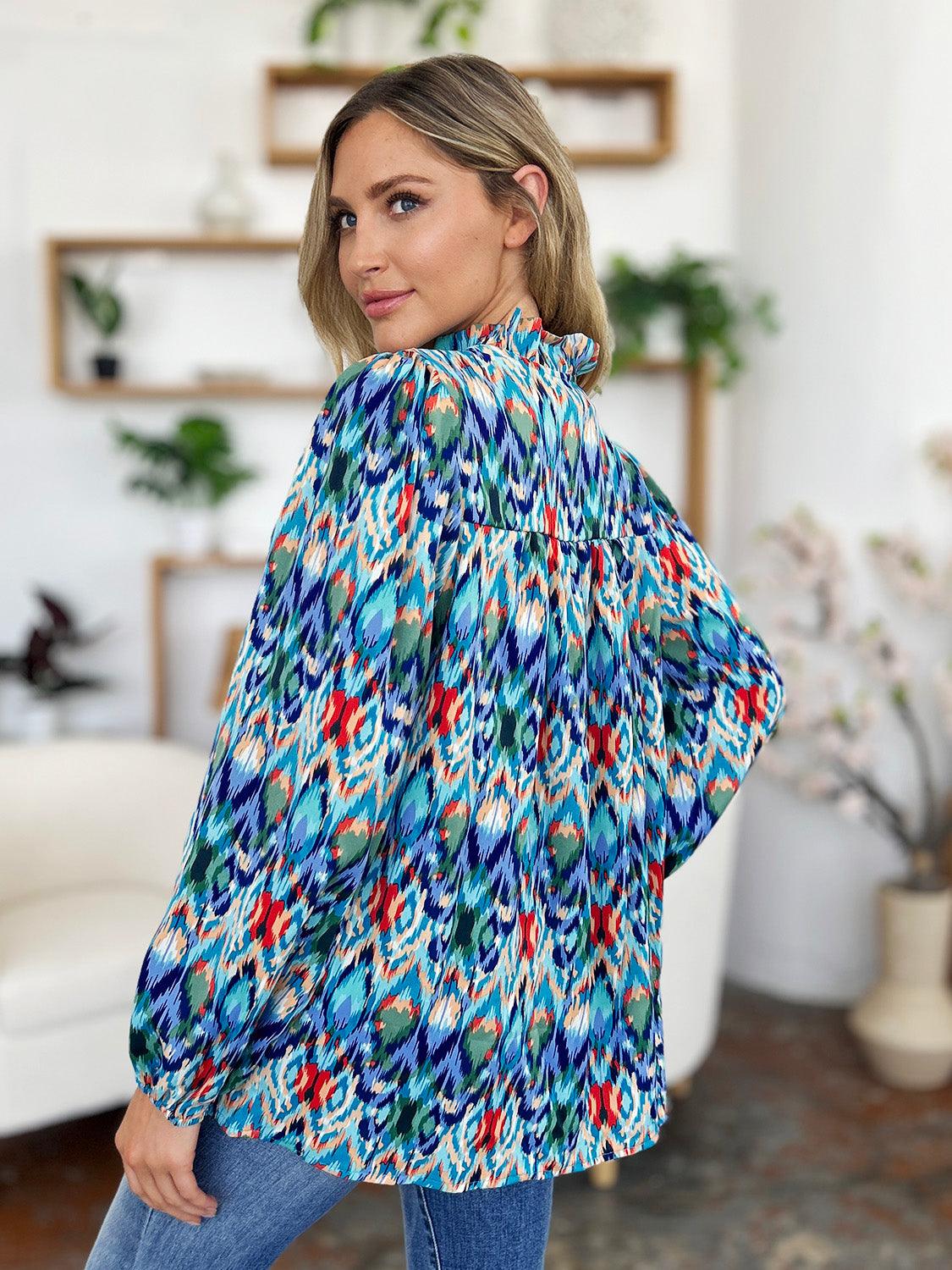 Double Take Full Size Printed Balloon Sleeve Blouse - Clothes For Her Online Store