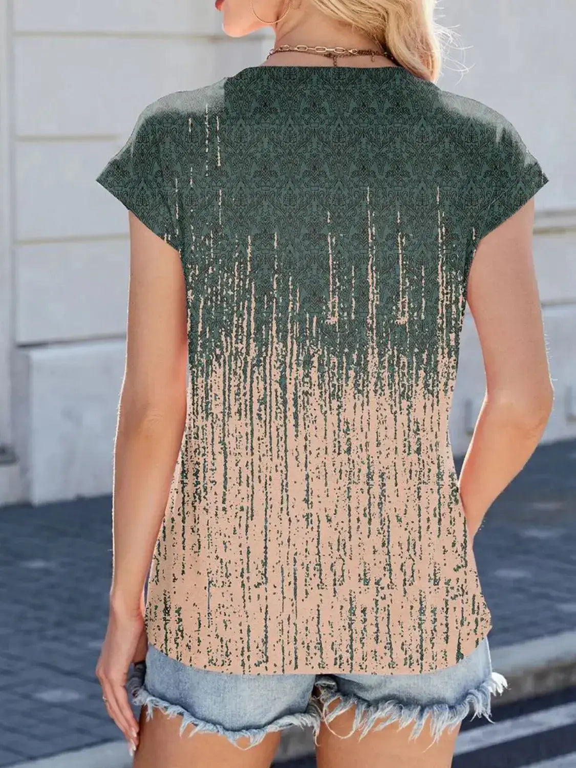 Printed Round Neck Cap Sleeve Top - Clothes For Her Online Store