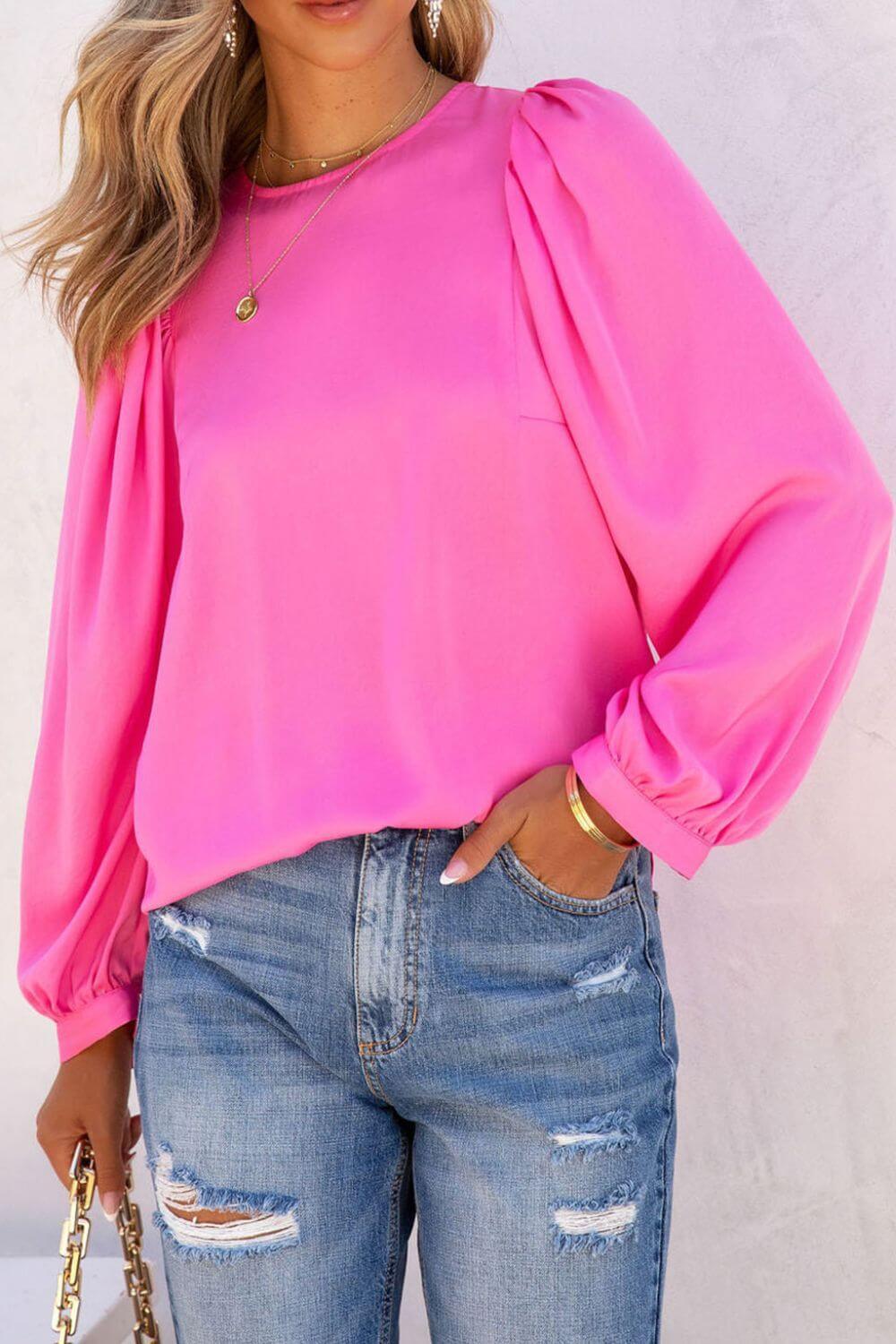 Round Neck Long Sleeve Blouse - Clothes For Her Online Store