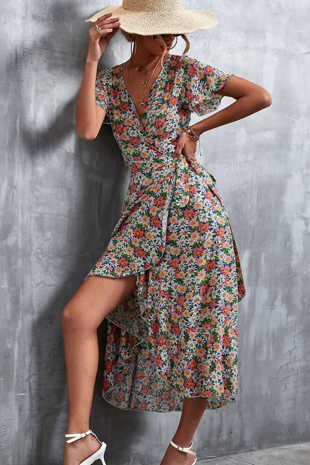 Floral Surplice Neck Tied Midi Dress - Clothes For Her Online Store