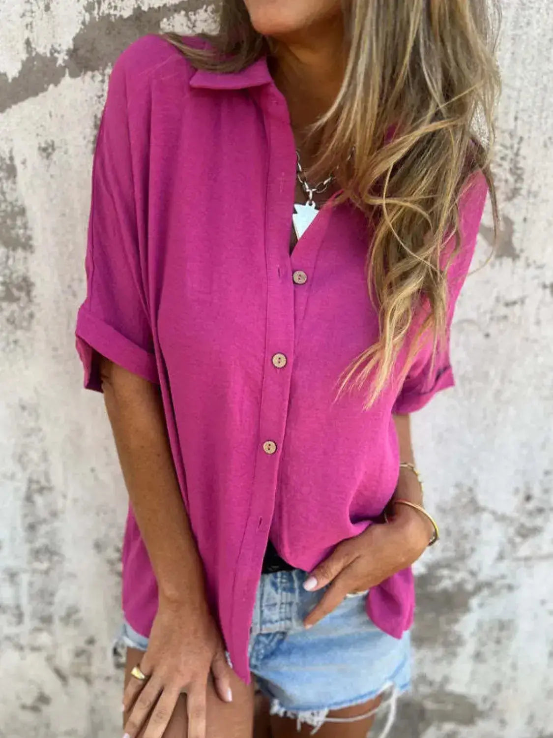 Full Size Collared Neck Half Sleeve Shirt Plus Size - Clothes For Her Online Store