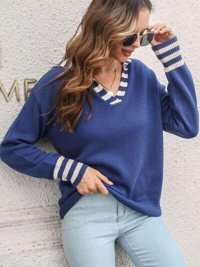 Striped Trim Drop Shoulder Sweater - Clothes For Her Online Store