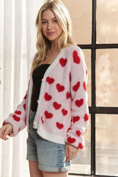 ADORA Fuzzy Heart Button Down Cardigan - Clothes For Her Online Store