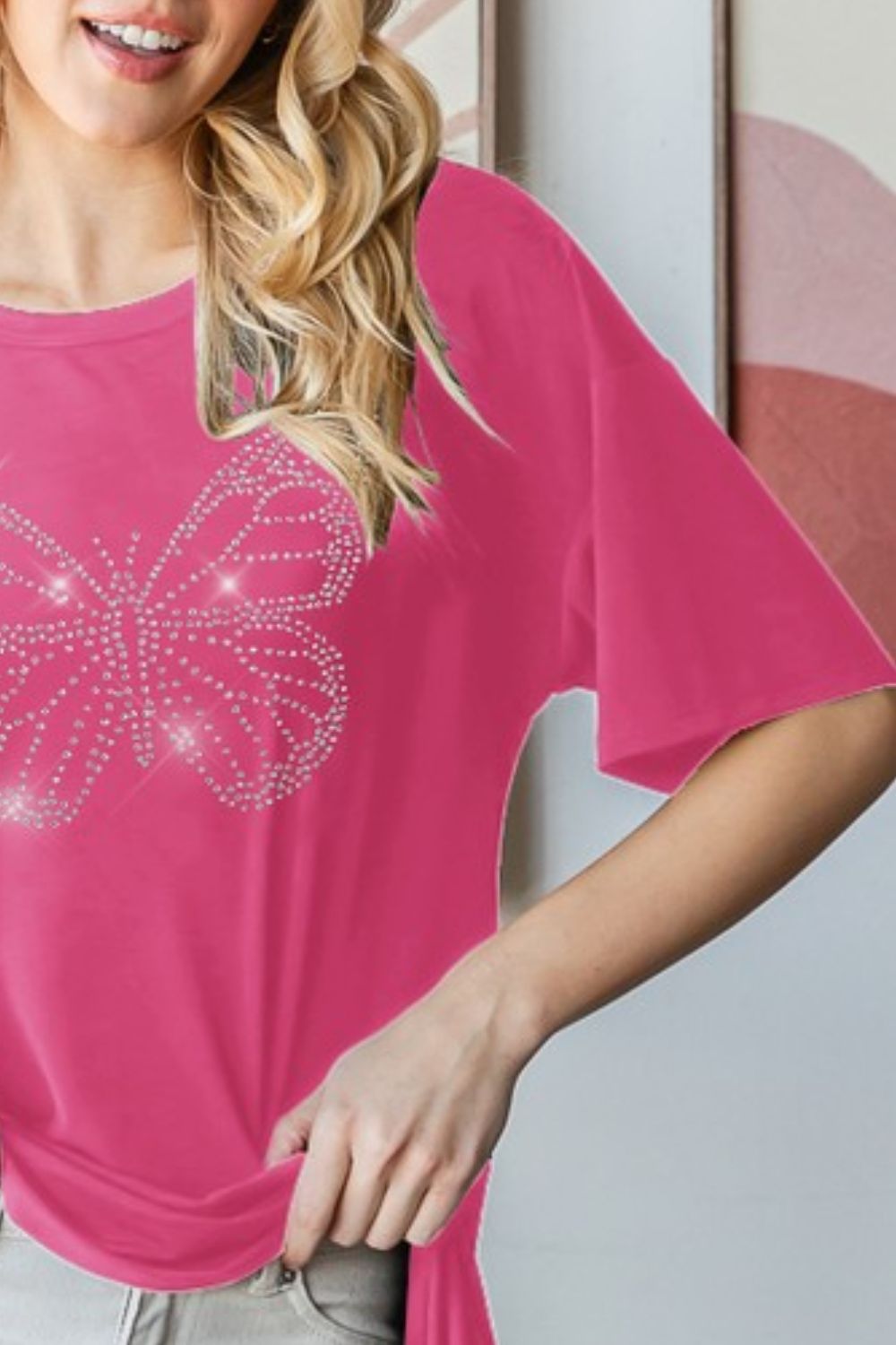 Heimish Full Size Rhinestone Butterfly Round Neck Short Sleeve T-Shirt Plus Size - Clothes For Her Online Store