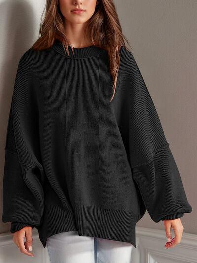 Double Take Side Slit Round Neck Long Sleeve Sweater - Clothes For Her Online Store
