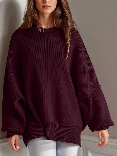 Double Take Side Slit Round Neck Long Sleeve Sweater - Clothes For Her Online Store