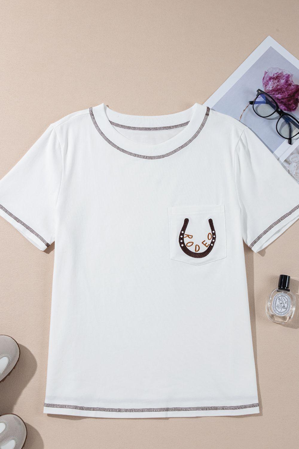 RODEO Horseshoe Embroidered Patch Pocket T-hirt - Clothes For Her Online Store