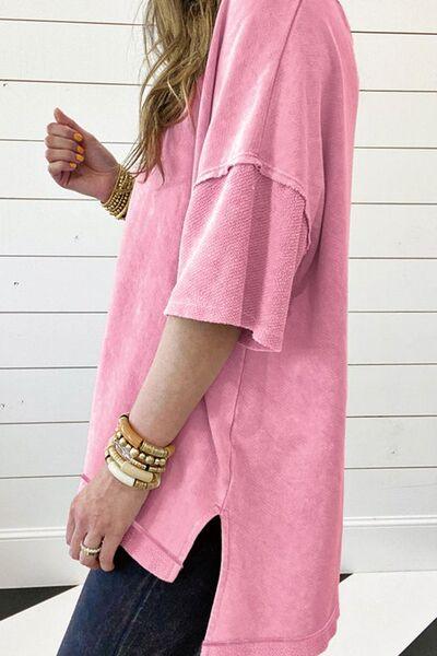 Mineral Wash Drop Shoulder Round Neck T-Shirt - Clothes For Her Online Store