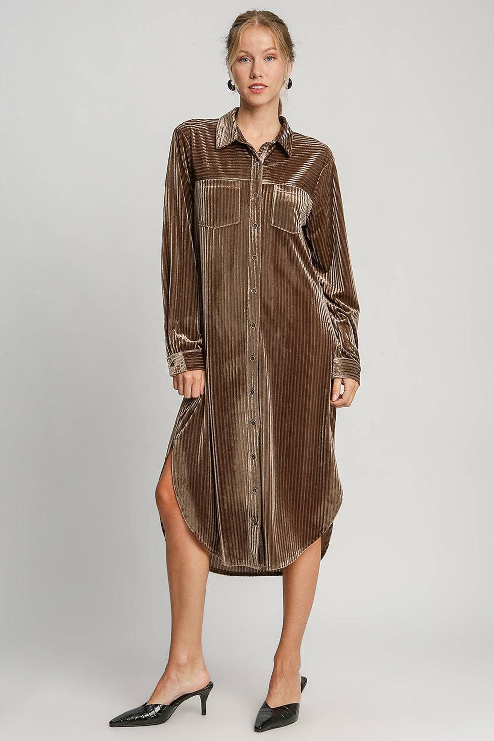 Umgee Texture Curved Hem Button Down Shirt Dress - Clothes For Her Online Store