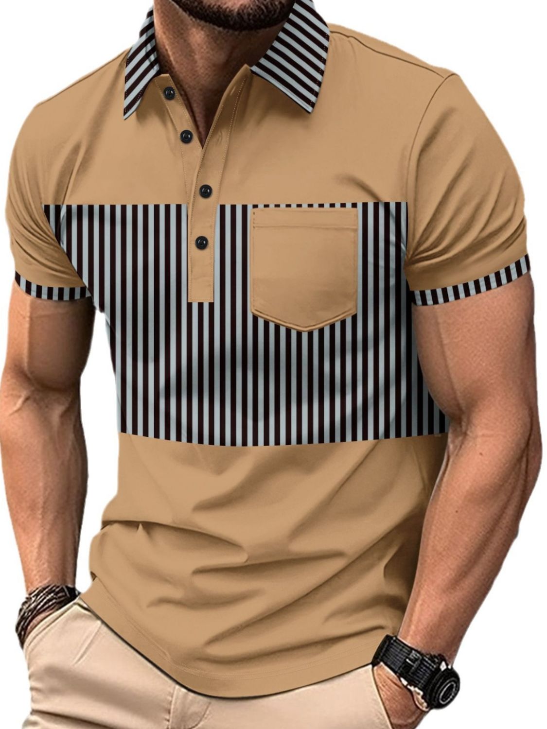 Men's Full Size Collared Contrast Striped Polo Plus Size