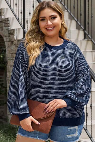 Plus Size Waffle-Knit Round Neck Dropped Shoulder Sweater - Clothes For Her Online Store