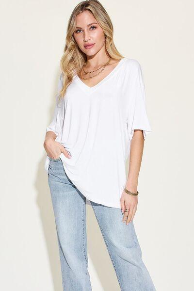 Basic Bae Full Size Bamboo V-Neck Drop Shoulder T-Shirt - Clothes For Her Online Store
