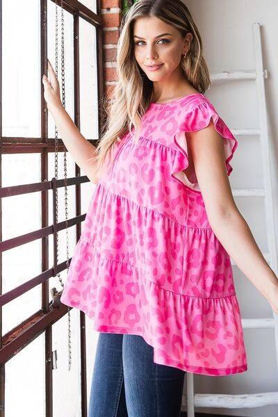 Heimish Full Size Tiered Leopard Round Neck Blouse with Ruffled Detail Plus Size - Clothes For Her Online Store