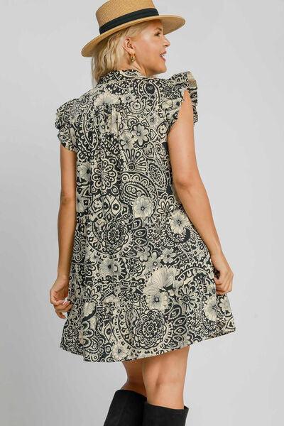 Umgee Full Size Printed Ruffle Cap Sleeve Babydoll Dress Plus Size - Clothes For Her Online Store