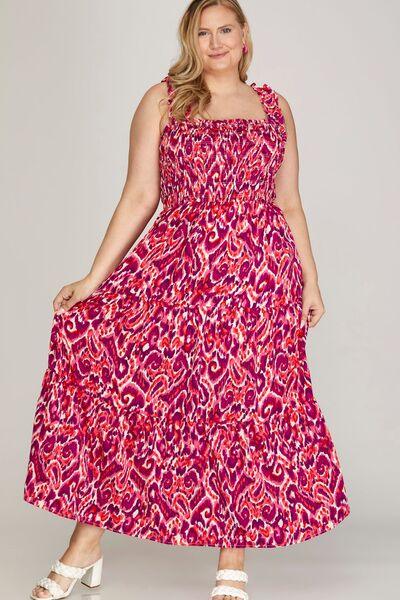 She + Sky Full Size Smocked Printed Wide Strap Tiered Dress Plus Size - Clothes For Her Online Store