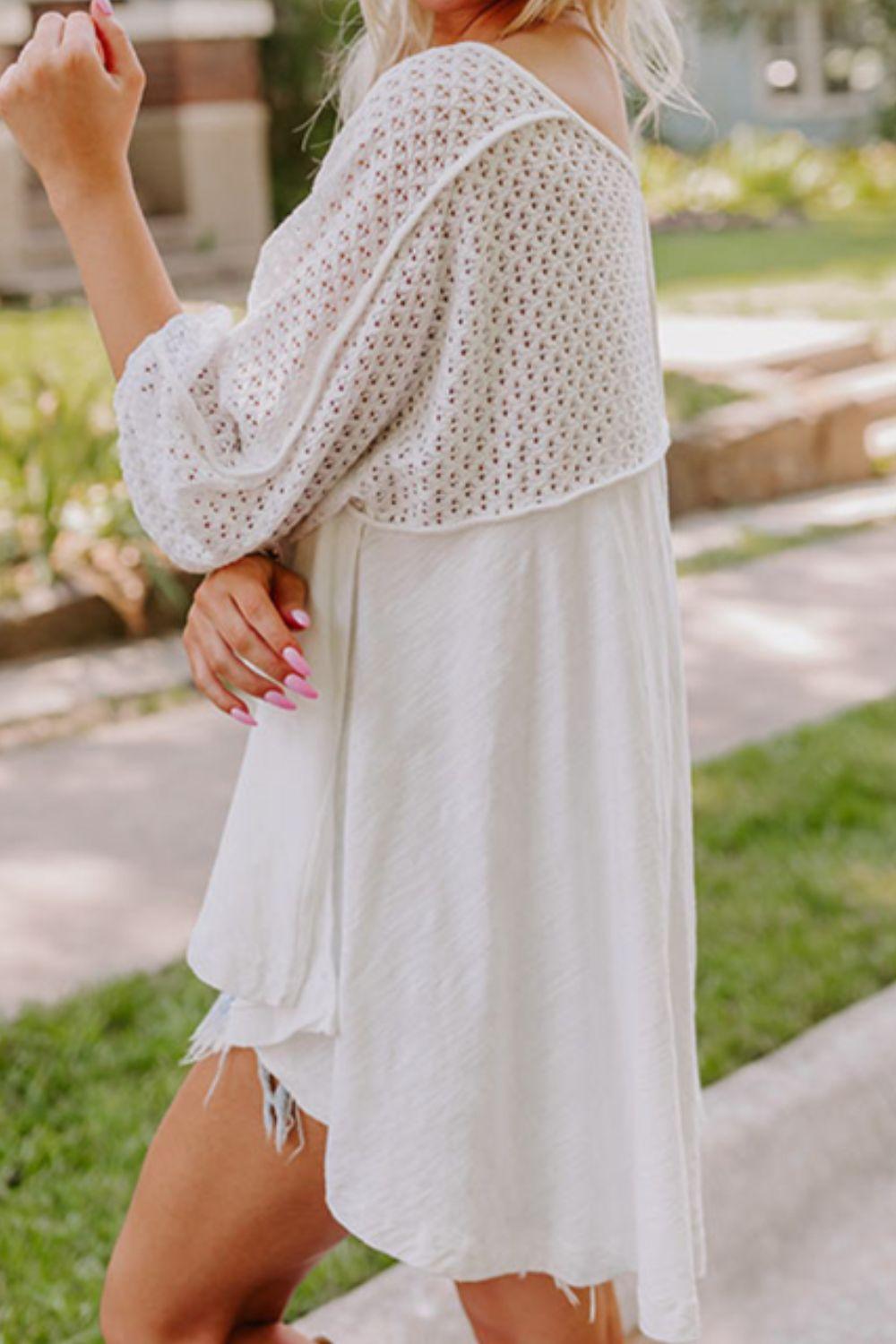 Openwork High Low Hem V Neck Oversized Top - Clothes For Her Online Store