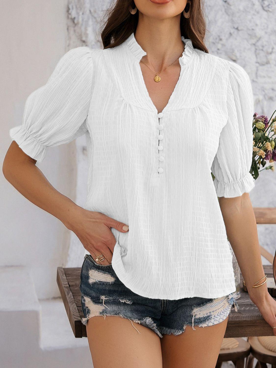 Devine Frill Notched Short Sleeve Blouse - Clothes For Her Online Store