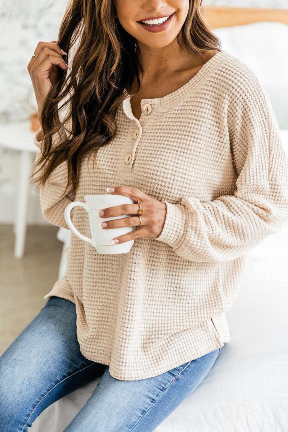 Slit Waffle Knit Long Sleeve T-Shirt - Clothes For Her Online Store