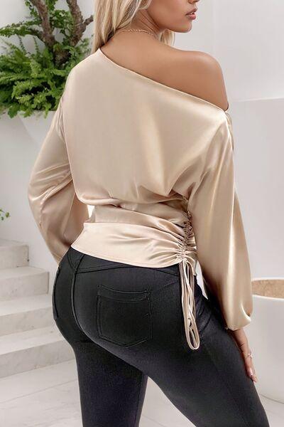 Drawstring One Shoulder Long Sleeve Blouse - Clothes For Her Online Store