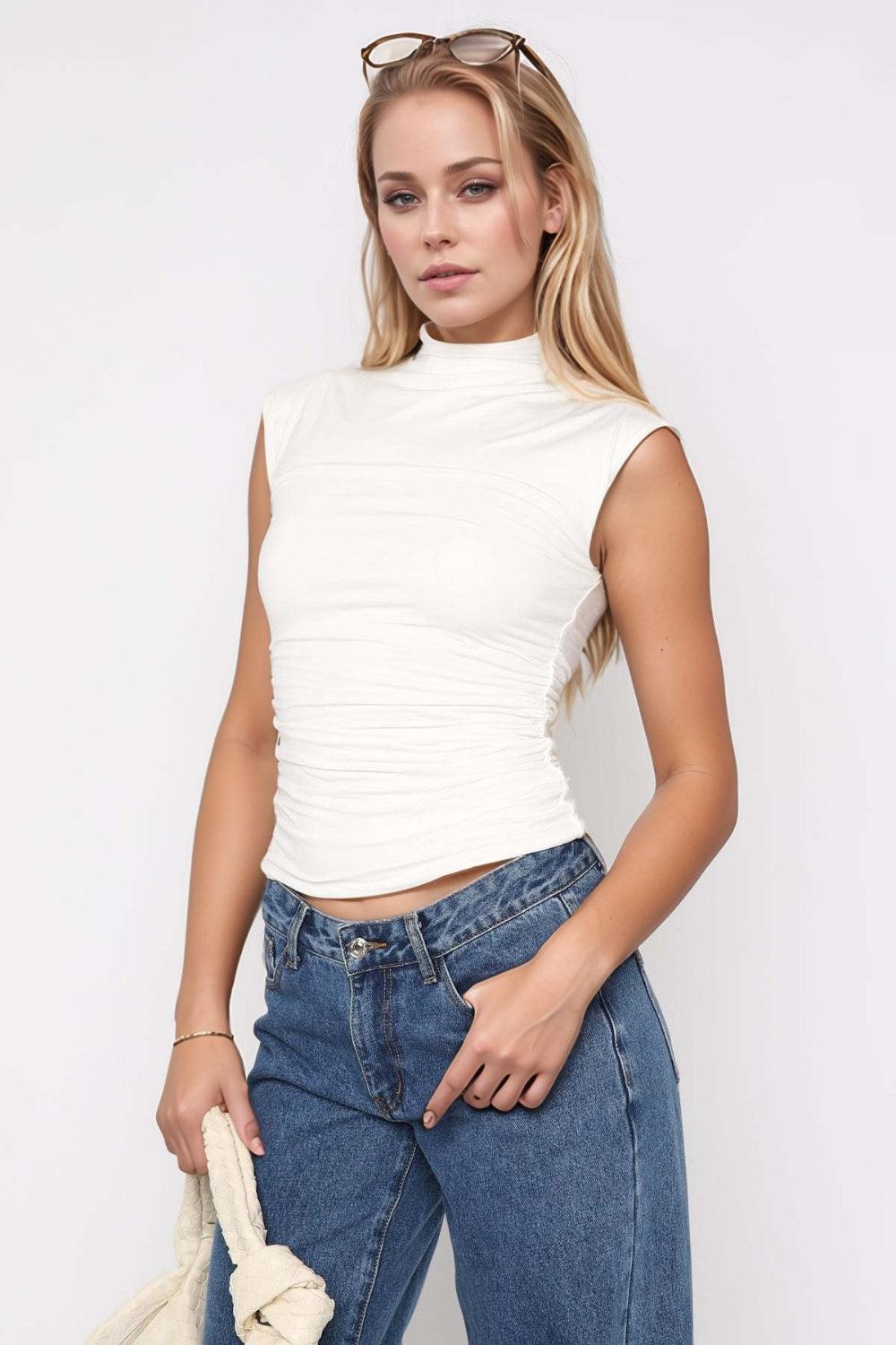 Mock Neck Ruched Tank - Clothes For Her Online Store