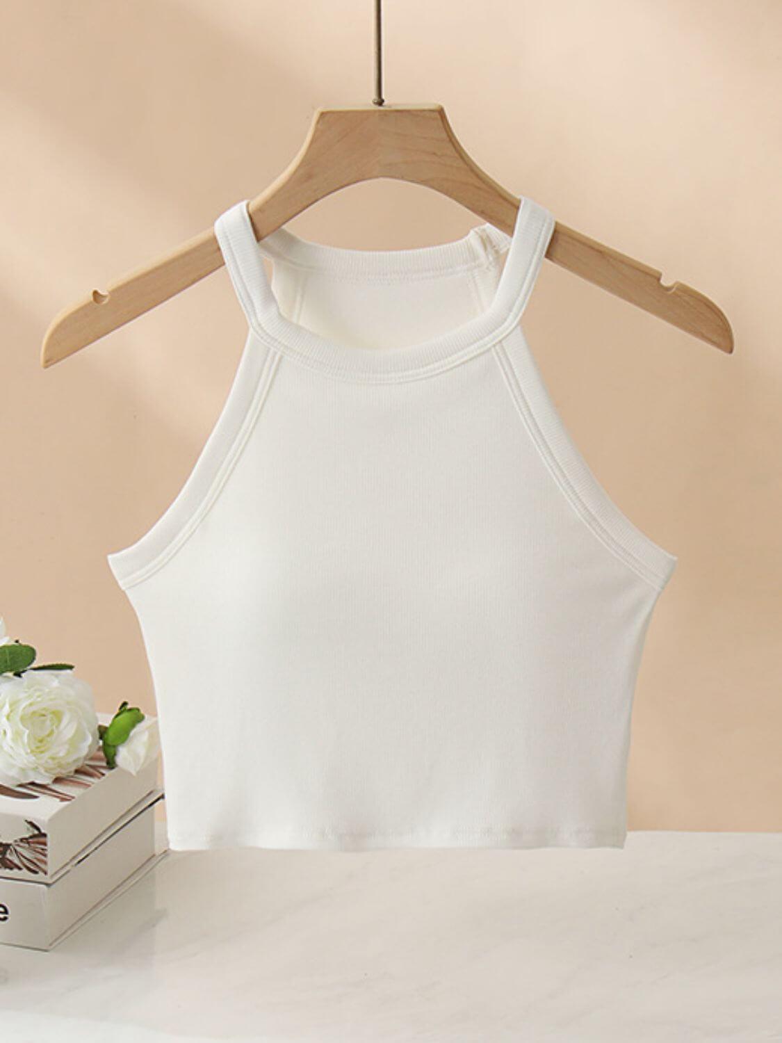 Ribbed Grecian Neck Cropped Tank with Chest Pads - Clothes For Her Online Store