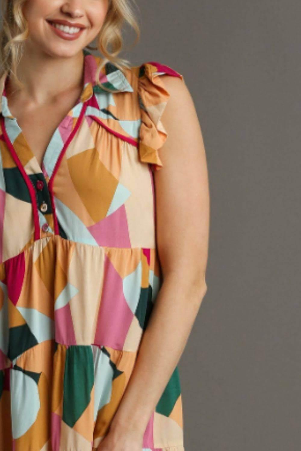 Umgee Full Size Button Detail Ruffle Sleeve Mini Dress Plus Size - Clothes For Her Online Store