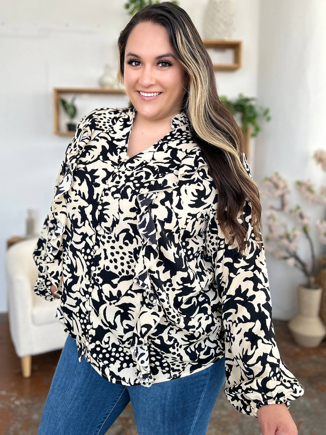 Double Take Full Size Printed Ruffle Trim Balloon Sleeve Shirt - Clothes For Her Online Store