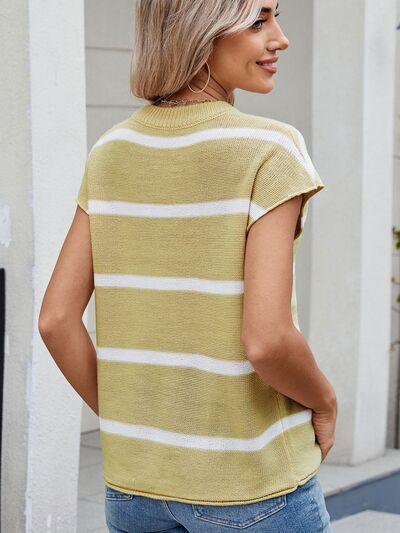 Exposed Seam Striped Round Neck Knit Top - Clothes For Her Online Store