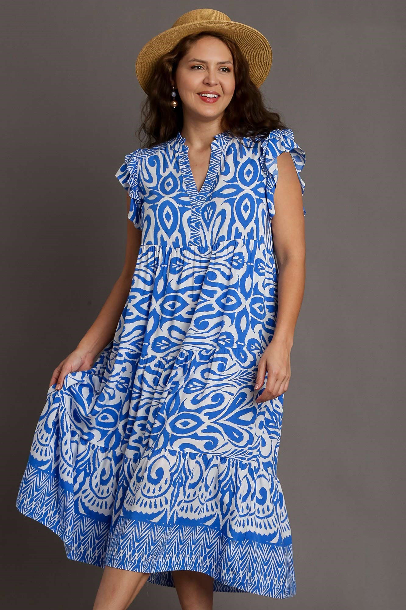 Umgee Full Size Two Tone Border Print Ruffle Cap Sleeve Midi Dress Plus Size - Clothes For Her Online Store