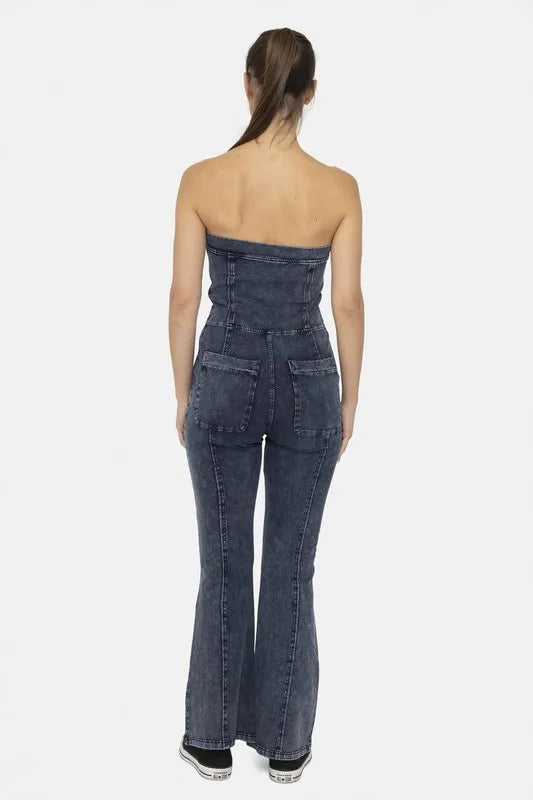 MONO B Cotton Blend Strapless Flared Jumpsuit - Clothes For Her Online Store
