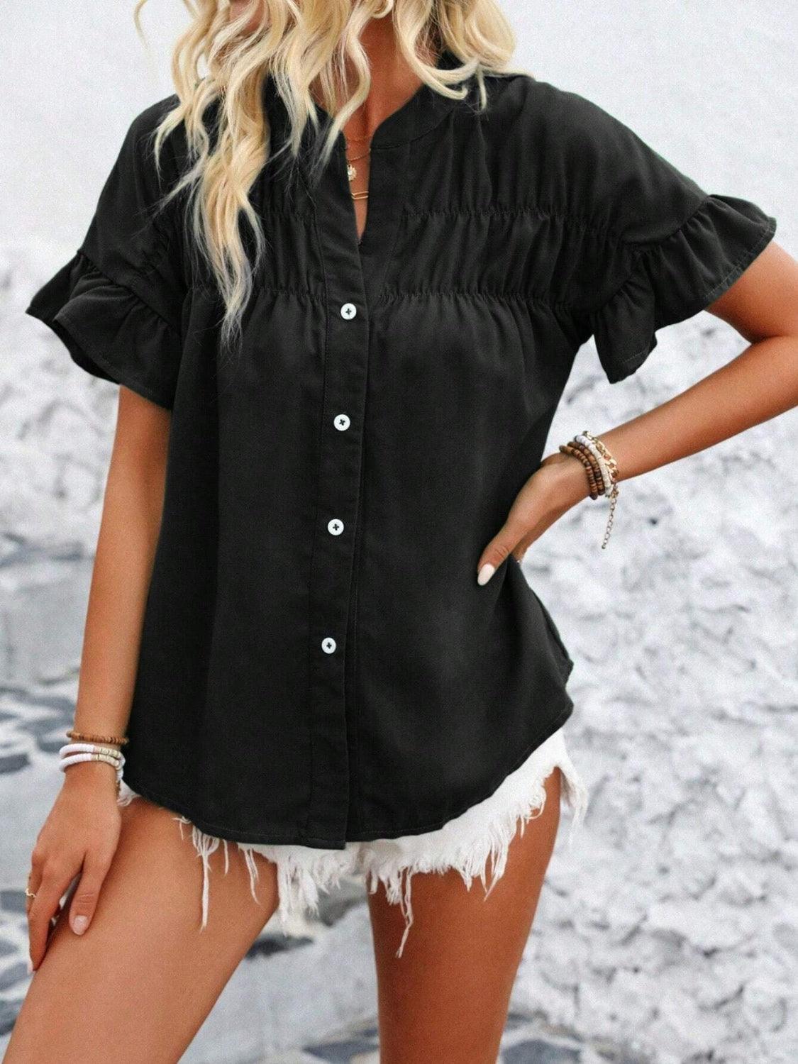 Button Down Ruffled Short Sleeve Shirt - Clothes For Her Online Store