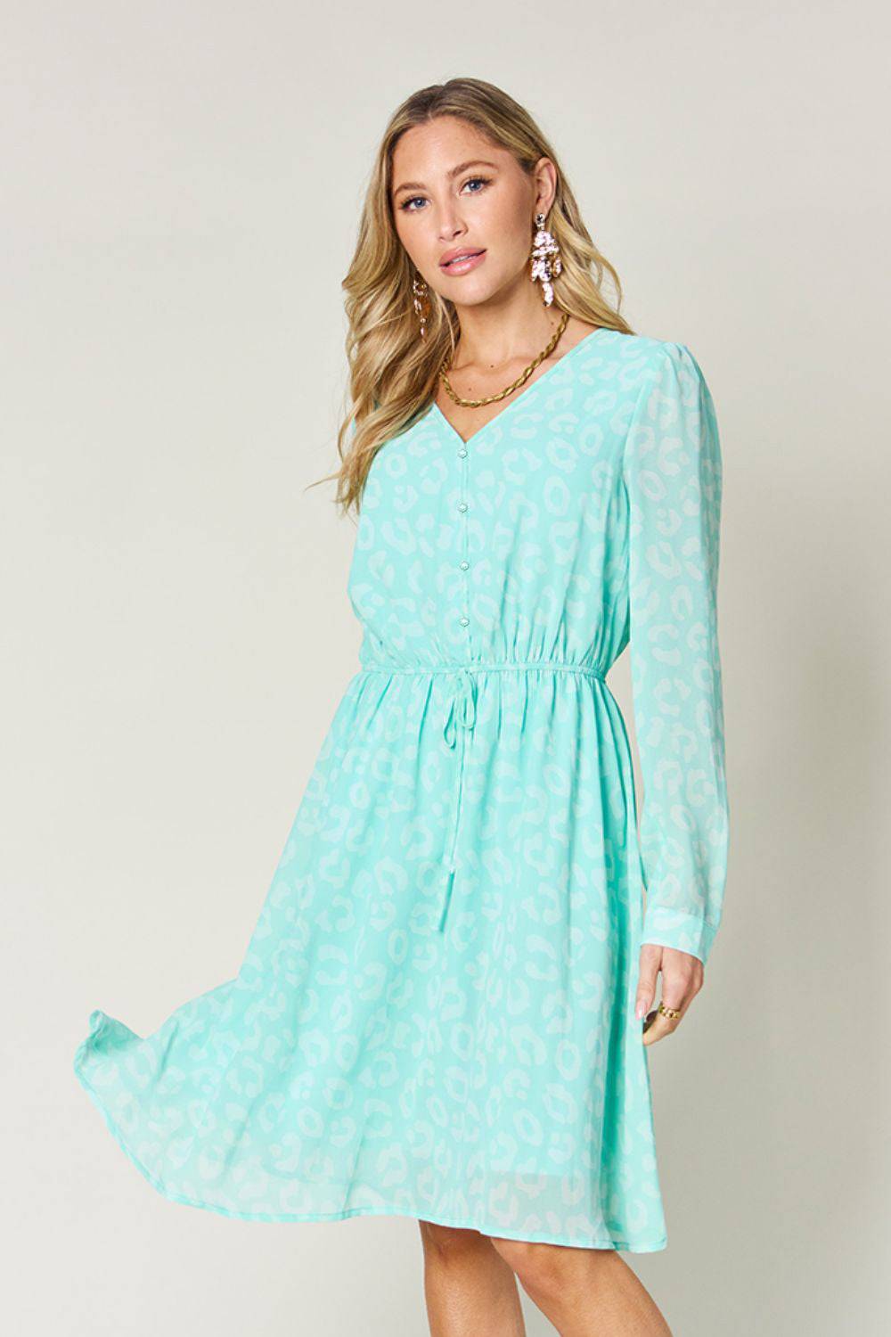 Double Take Full Size Printed Ruched V-Neck Long Sleeve Dress - Clothes For Her Online Store