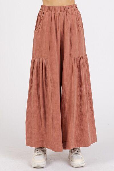 Mittoshop Gauze Elastic Waist Pleated Wide Leg Pants - Clothes For Her Online Store