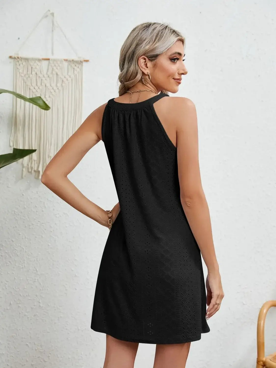 Eyelet Round Neck Sleeveless Dress